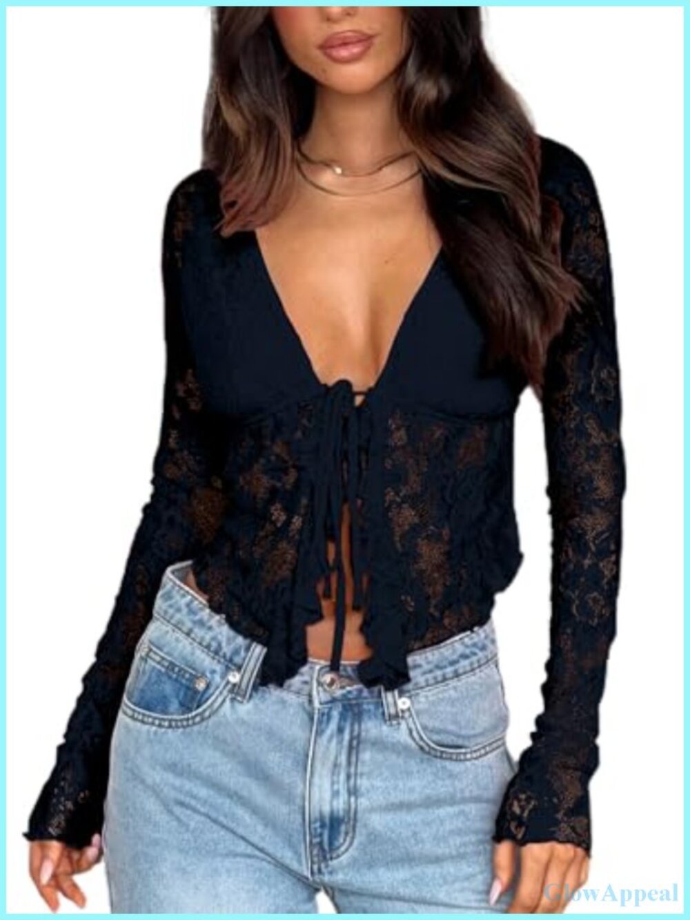 Women's Sheer Mesh Lace Crop Top Long Sleeve Tie Front Ruffle Trim Blouse